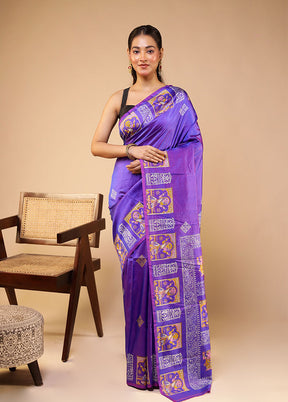 Purple Printed Pure Silk Saree With Blouse Piece