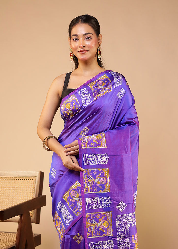 Purple Printed Pure Silk Saree With Blouse Piece