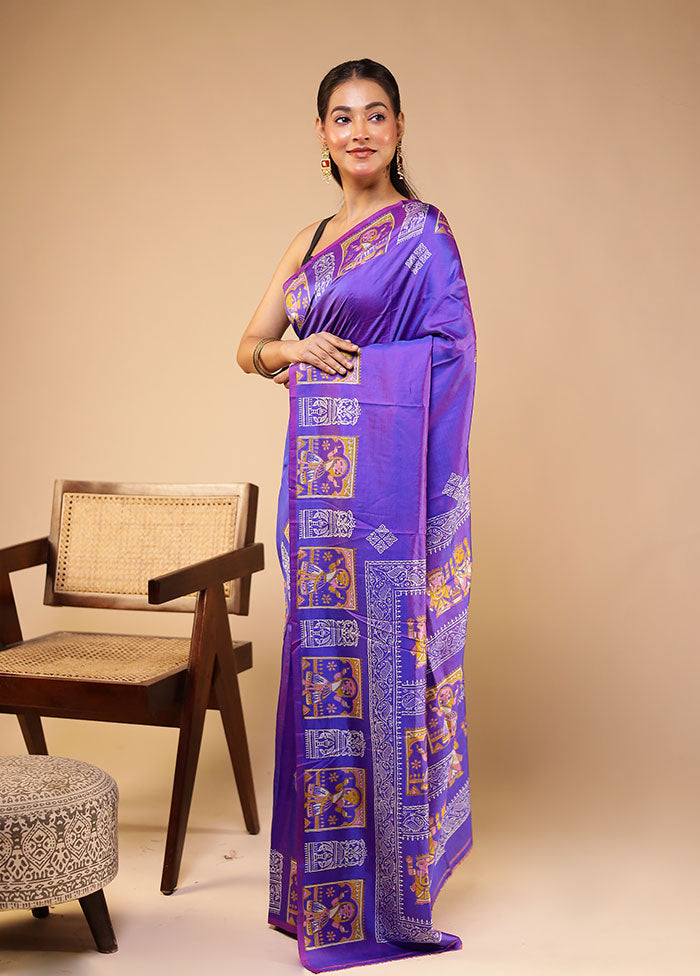 Purple Printed Pure Silk Saree With Blouse Piece