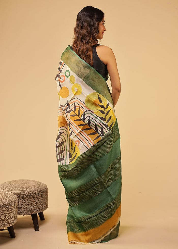 Green Handloom Tussar Pure Silk Saree With Blouse Piece
