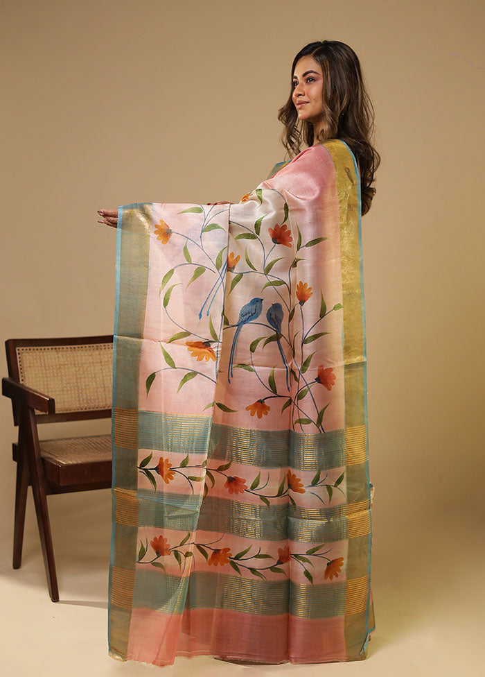 Cream Handloom Tussar Pure Silk Saree With Blouse Piece