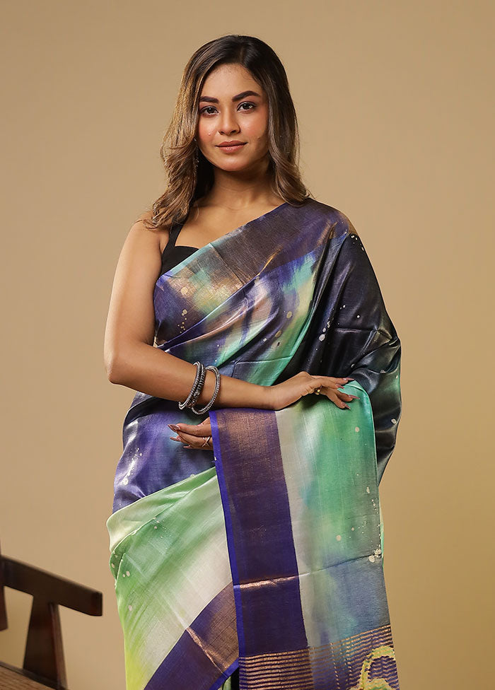 Multicolor Handloom Tussar Pure Silk Saree With Blouse Piece