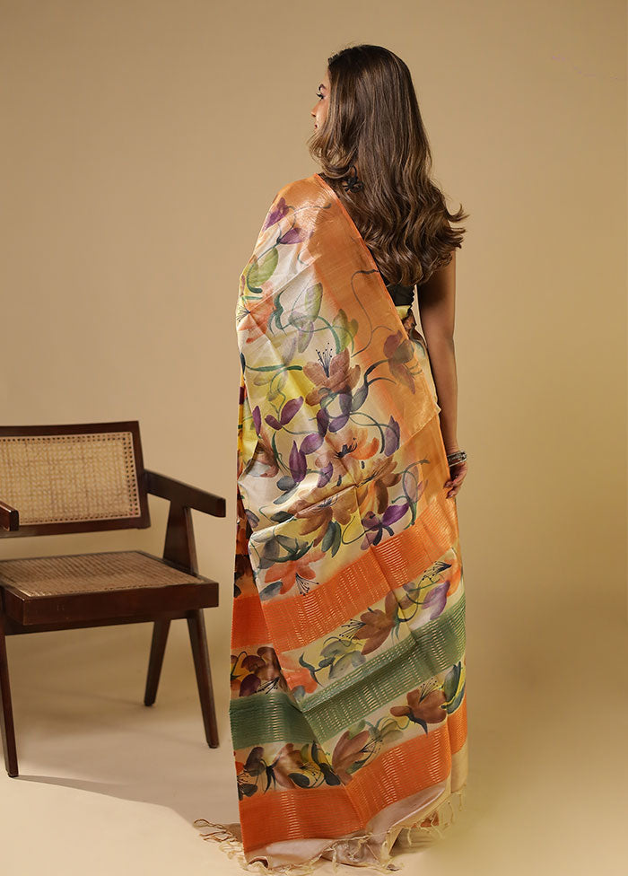 Multicolor Handloom Tussar Pure Silk Saree With Blouse Piece