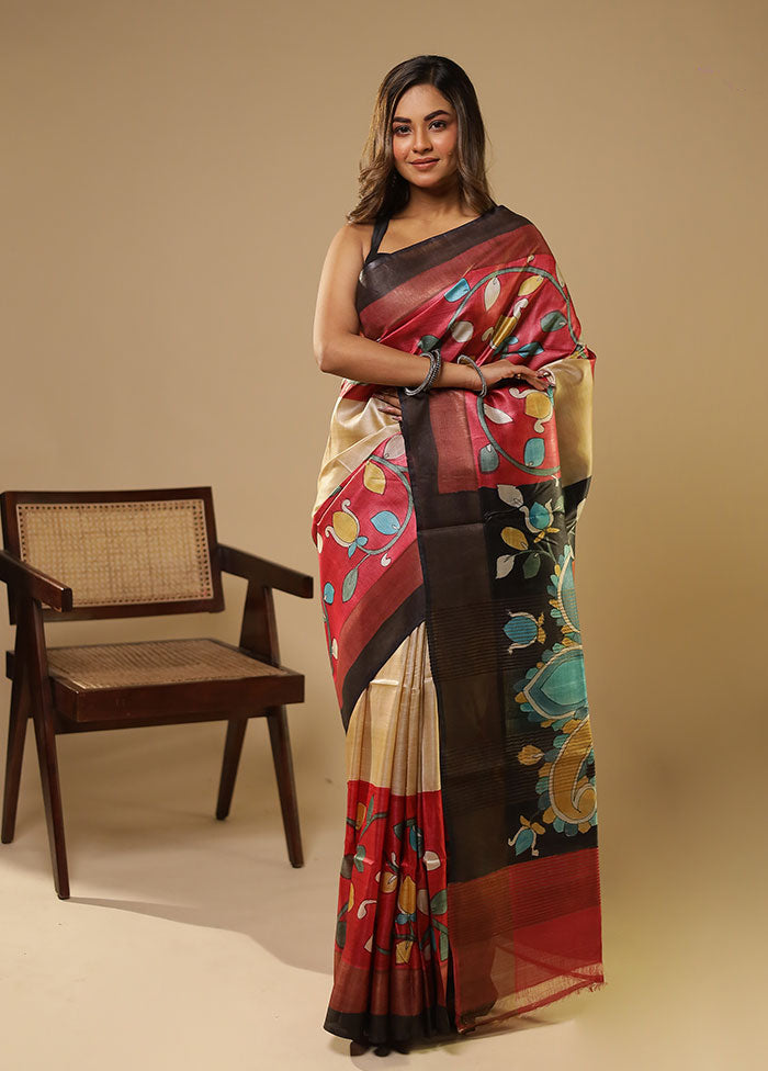 Cream Handloom Tussar Pure Silk Saree With Blouse Piece