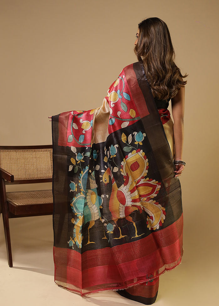 Red Handloom Tussar Pure Silk Saree With Blouse Piece