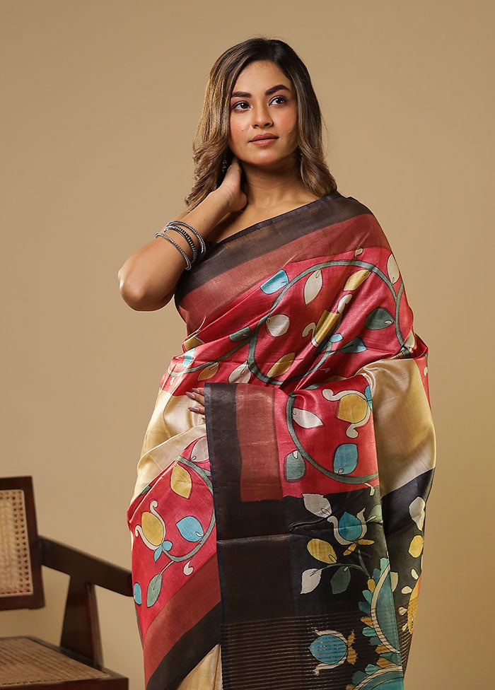 Cream Handloom Tussar Pure Silk Saree With Blouse Piece