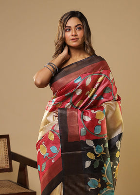 Cream Handloom Tussar Pure Silk Saree With Blouse Piece