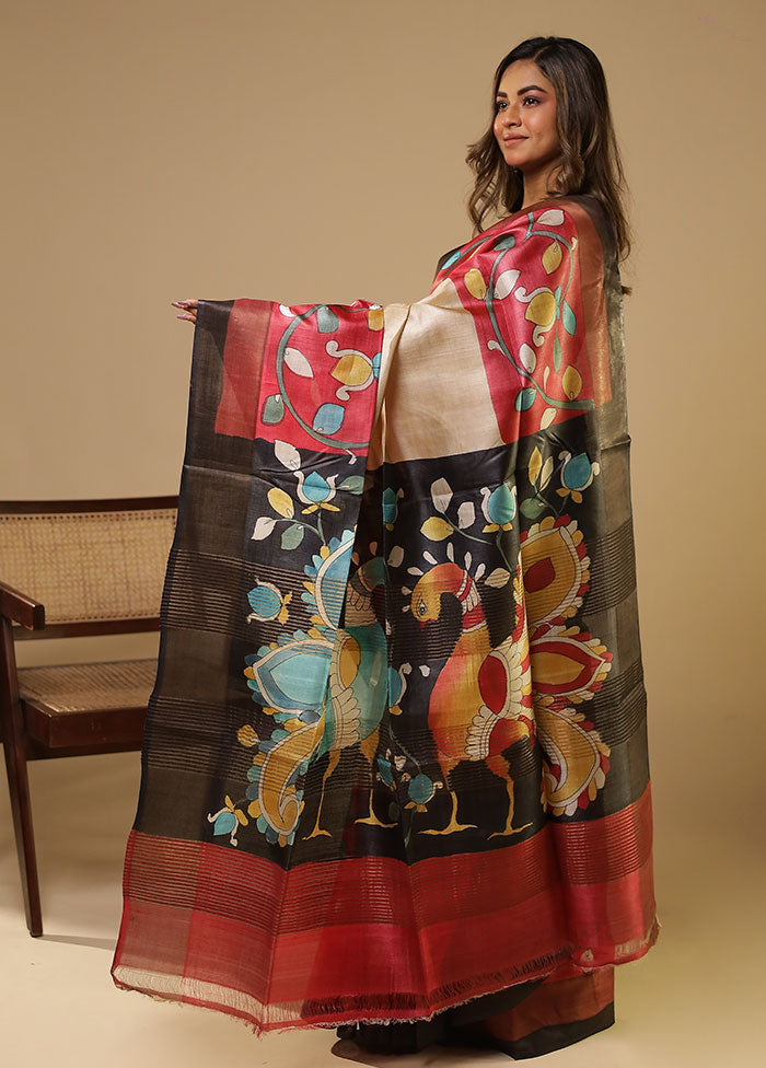 Cream Handloom Tussar Pure Silk Saree With Blouse Piece