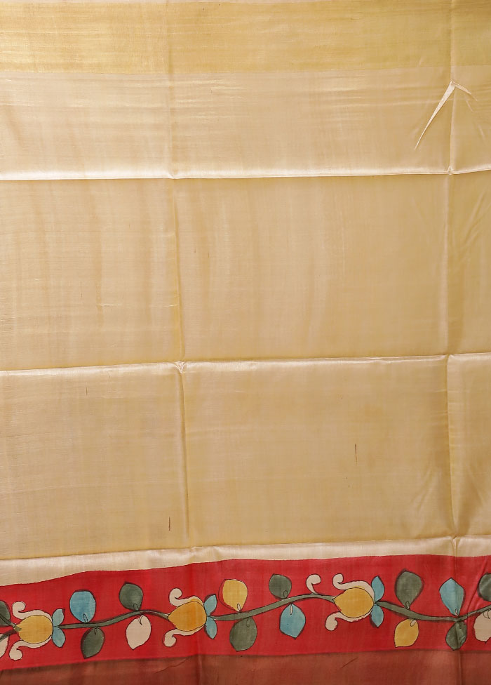 Cream Handloom Tussar Pure Silk Saree With Blouse Piece