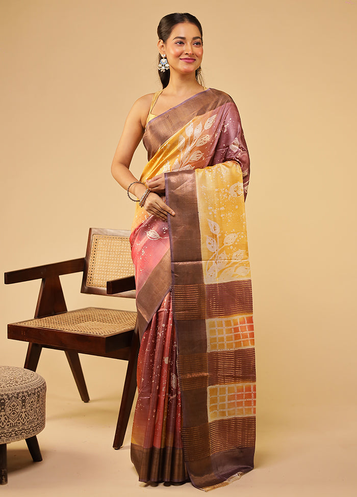 Maroon Handloom Tussar Pure Silk Saree With Blouse Piece