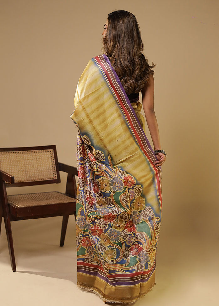Multicolor Handloom Tussar Pure Silk Saree With Blouse Piece