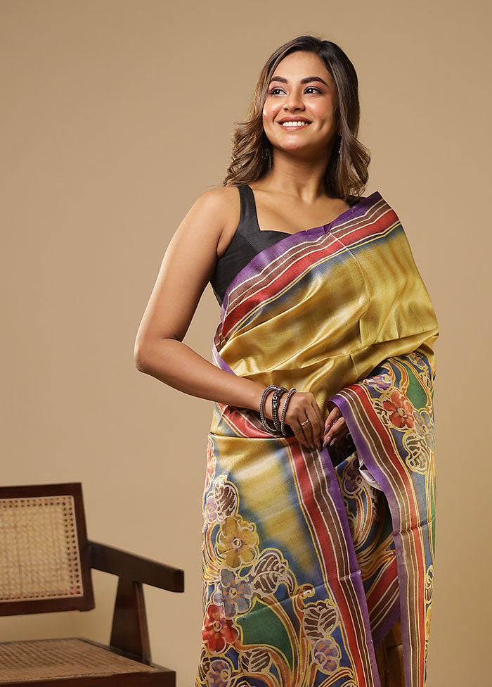 Multicolor Handloom Tussar Pure Silk Saree With Blouse Piece