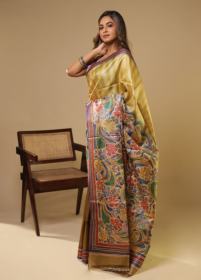 Multicolor Handloom Tussar Pure Silk Saree With Blouse Piece