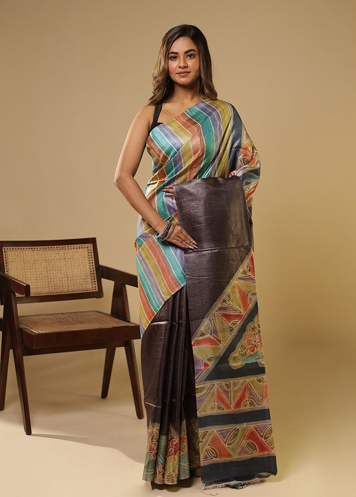 Multicolor Handloom Tussar Pure Silk Saree With Blouse Piece