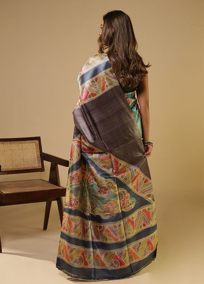 Multicolor Handloom Tussar Pure Silk Saree With Blouse Piece