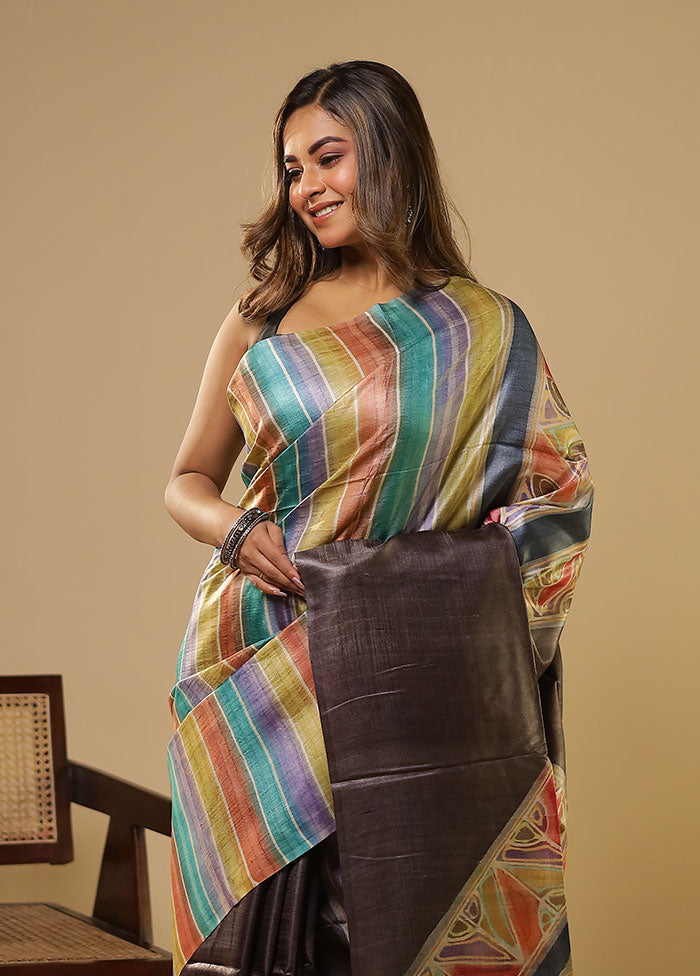 Multicolor Handloom Tussar Pure Silk Saree With Blouse Piece