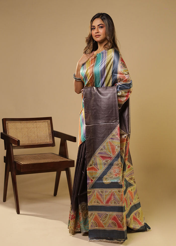 Multicolor Handloom Tussar Pure Silk Saree With Blouse Piece