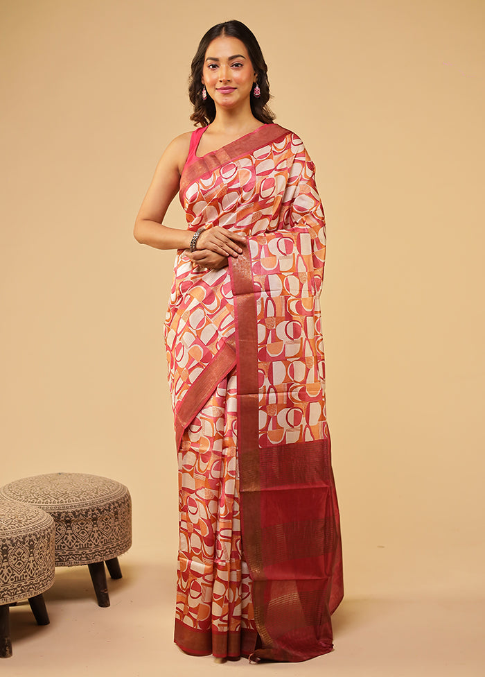 Red Tussar Silk Saree With Blouse Piece
