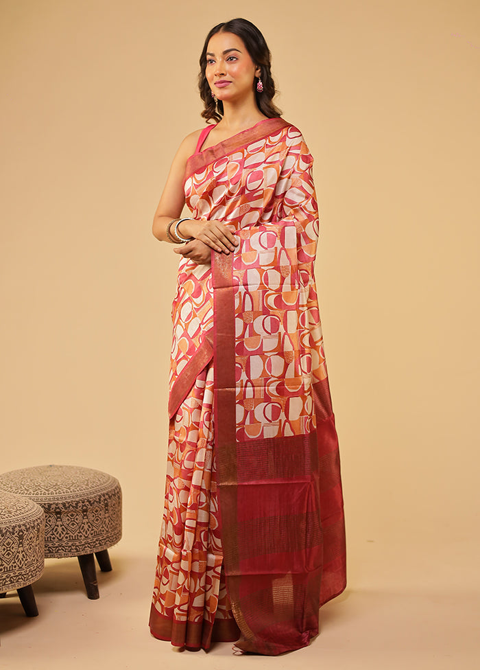 Red Tussar Silk Saree With Blouse Piece