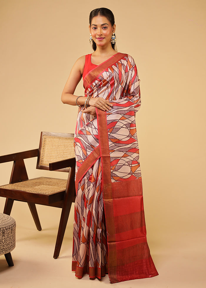 Red Tussar Silk Saree With Blouse Piece