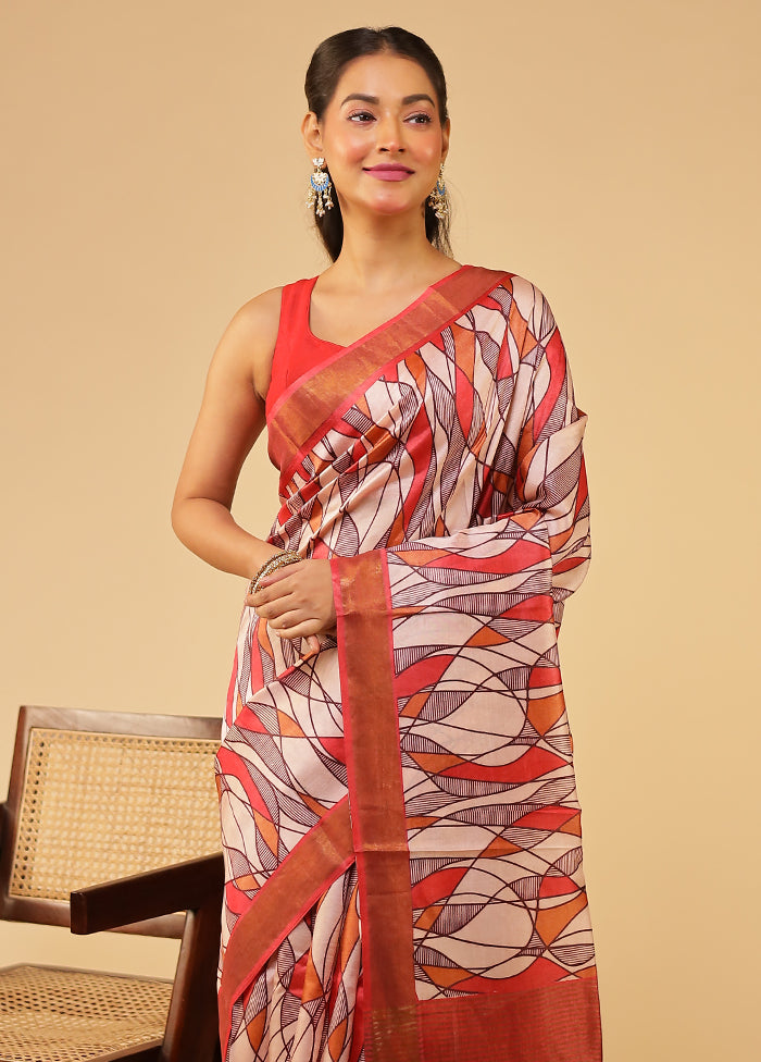 Red Tussar Silk Saree With Blouse Piece