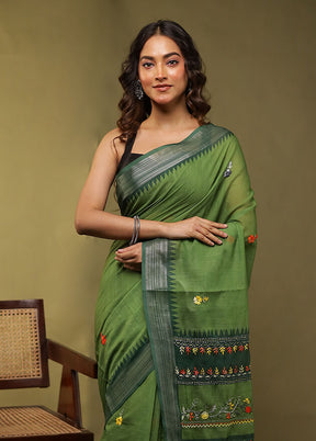 Green Linen Silk Saree With Blouse Piece