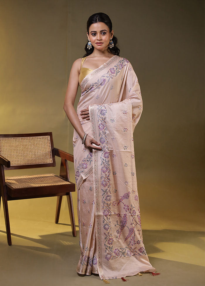 Pink Tussar Silk Saree With Blouse Piece