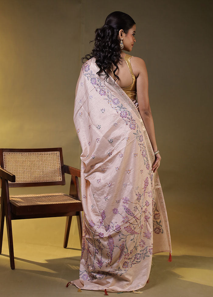 Pink Tussar Silk Saree With Blouse Piece