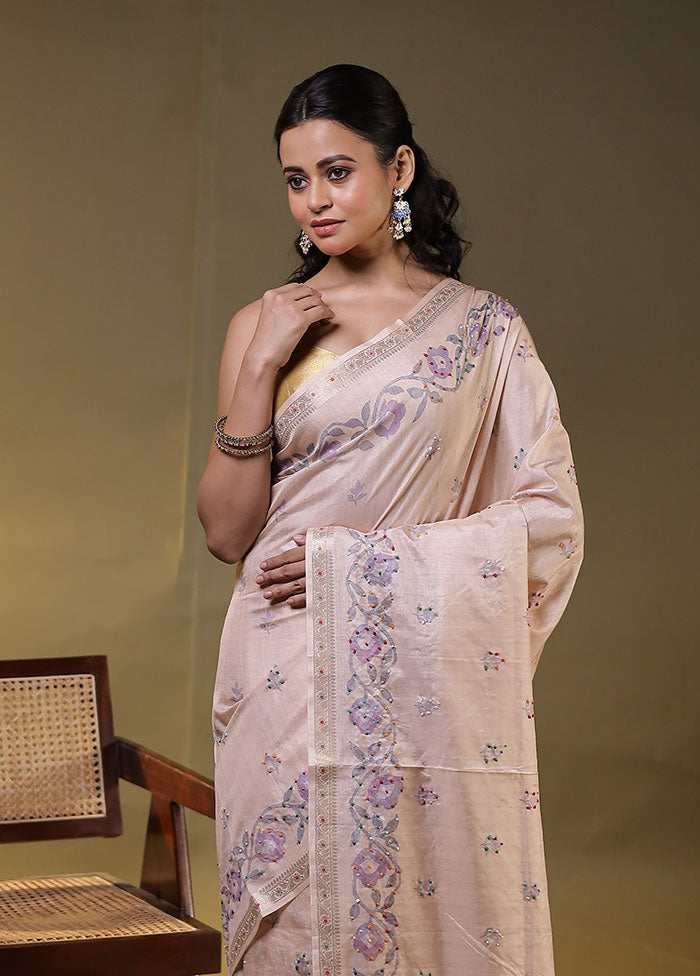 Pink Tussar Silk Saree With Blouse Piece
