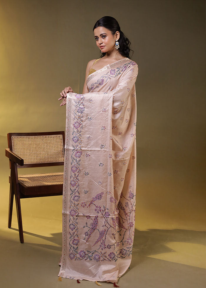 Pink Tussar Silk Saree With Blouse Piece