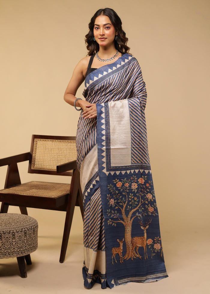 Blue Tussar Silk Saree With Blouse Piece
