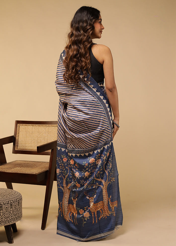 Blue Tussar Silk Saree With Blouse Piece