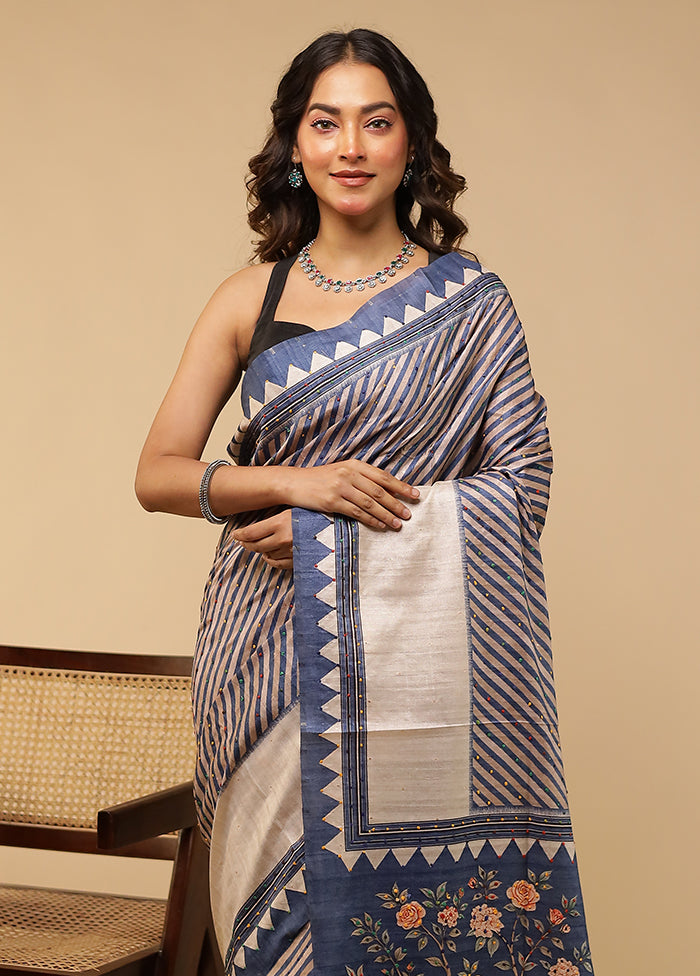 Blue Tussar Silk Saree With Blouse Piece