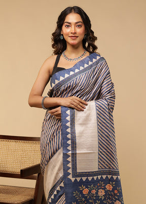Blue Tussar Silk Saree With Blouse Piece