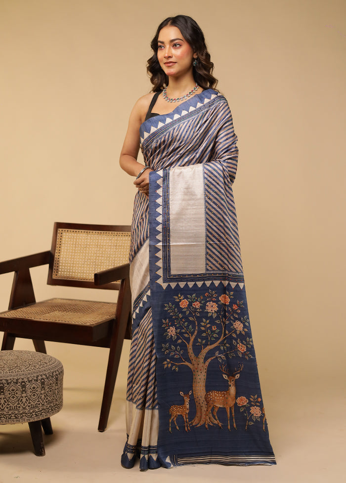 Blue Tussar Silk Saree With Blouse Piece