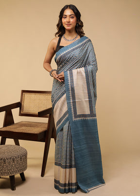 Blue Tussar Silk Saree With Blouse Piece