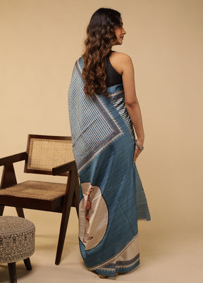 Blue Tussar Silk Saree With Blouse Piece