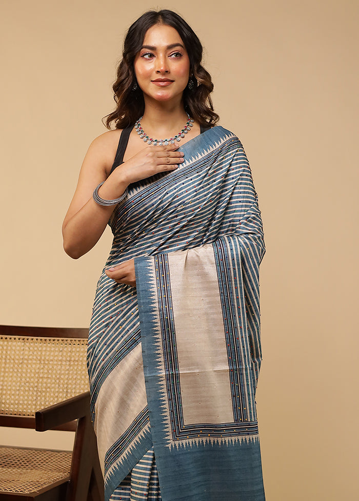 Blue Tussar Silk Saree With Blouse Piece