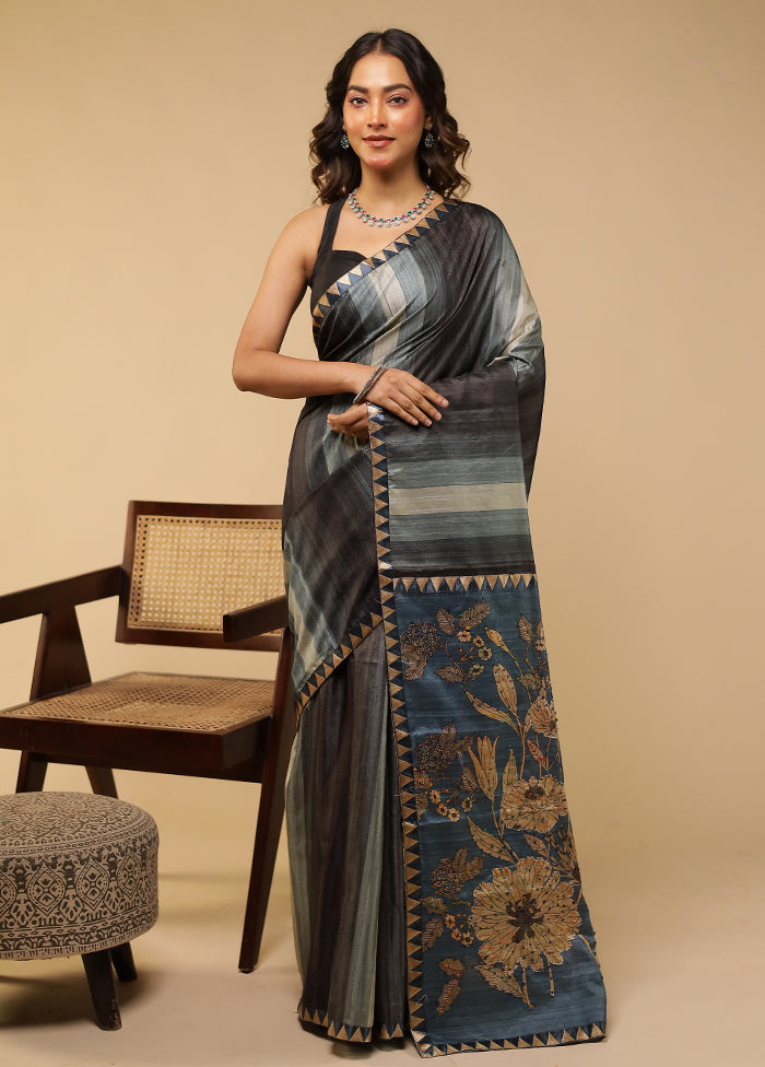 Blue Tussar Silk Saree With Blouse Piece