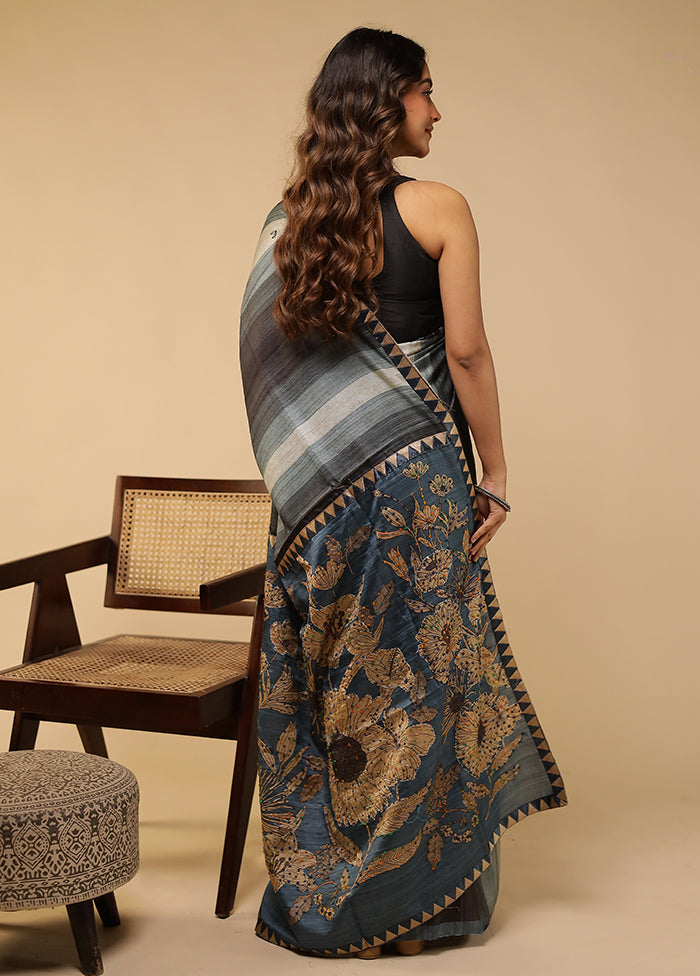 Blue Tussar Silk Saree With Blouse Piece