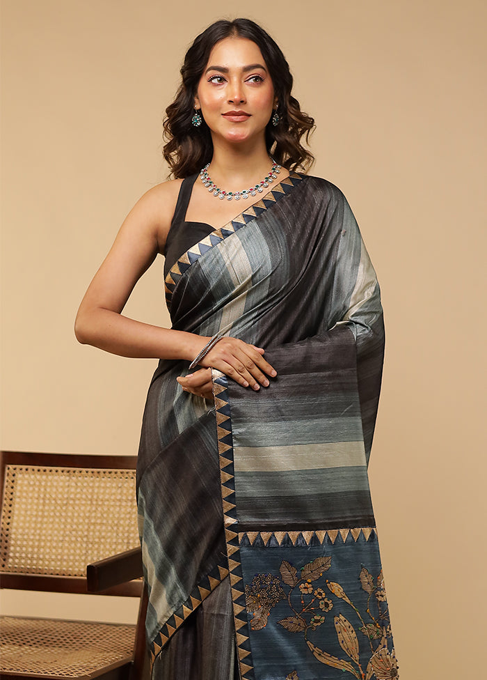 Blue Tussar Silk Saree With Blouse Piece