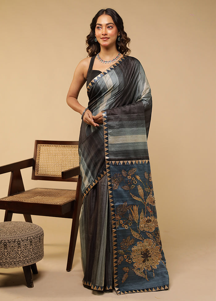 Blue Tussar Silk Saree With Blouse Piece