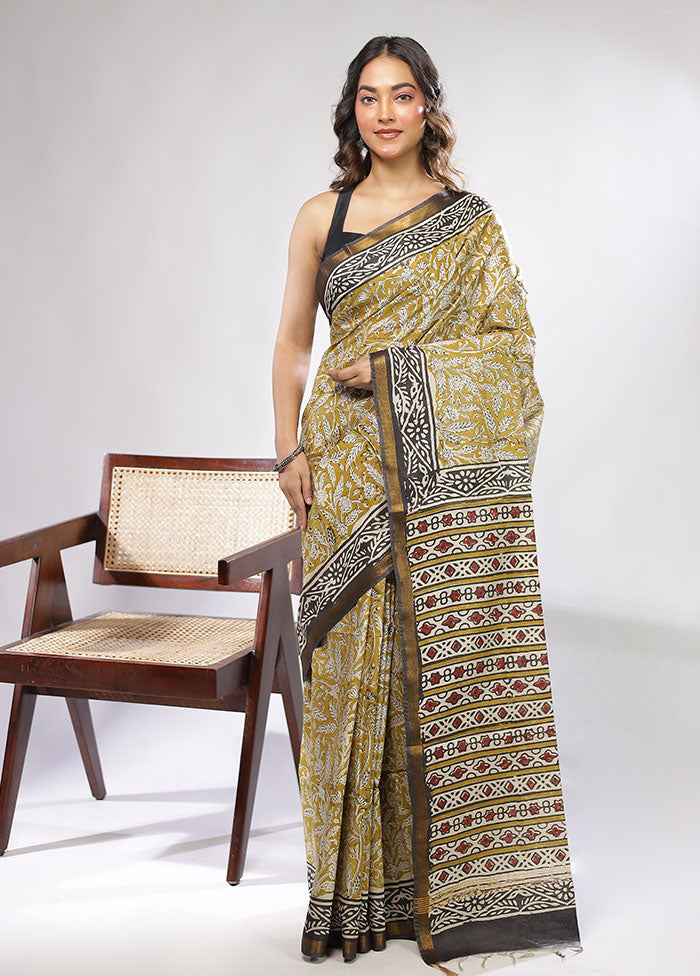 Green Chanderi Cotton Saree With Blouse Piece