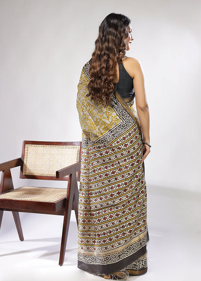 Green Chanderi Cotton Saree With Blouse Piece
