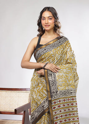Green Chanderi Cotton Saree With Blouse Piece