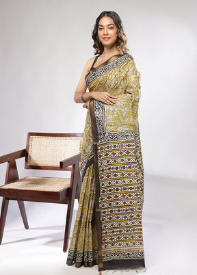 Green Chanderi Cotton Saree With Blouse Piece