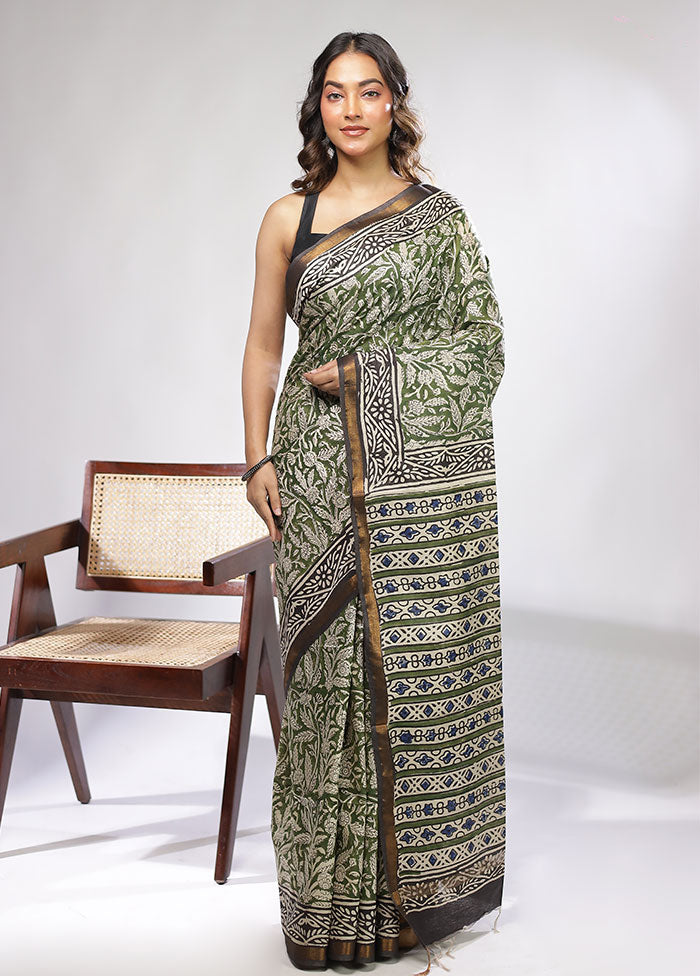 Green Chanderi Cotton Saree With Blouse Piece