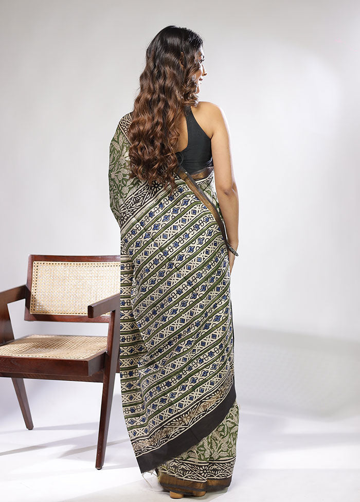 Green Chanderi Cotton Saree With Blouse Piece