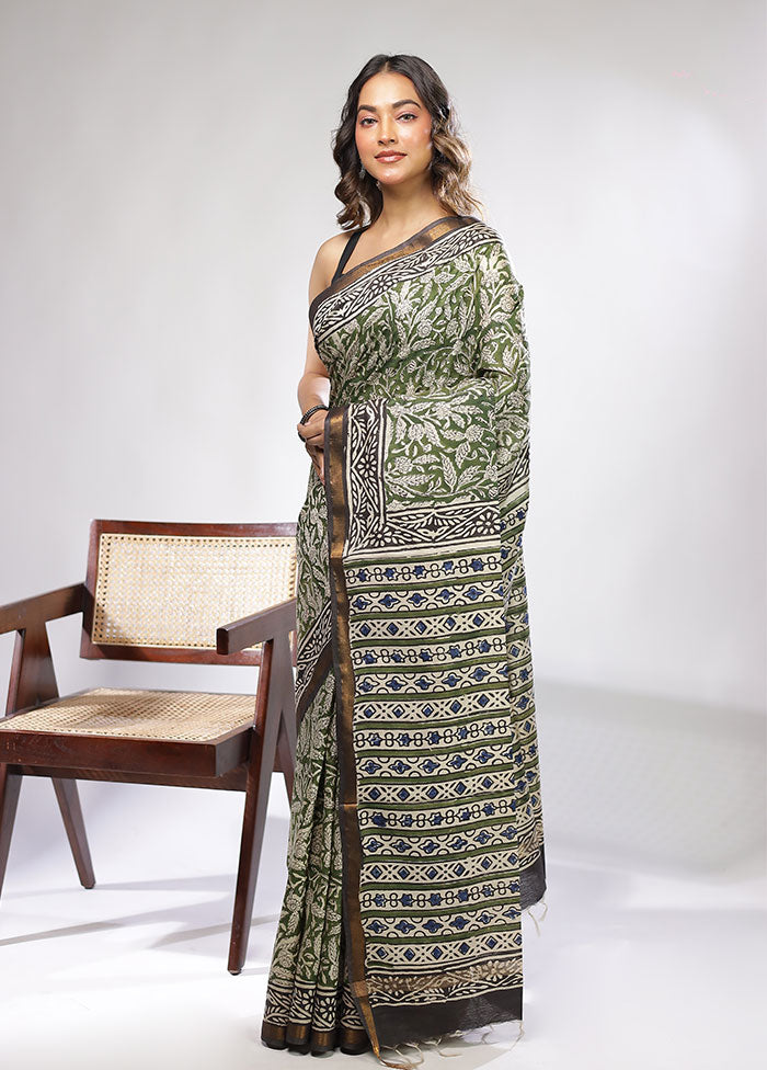 Green Chanderi Cotton Saree With Blouse Piece