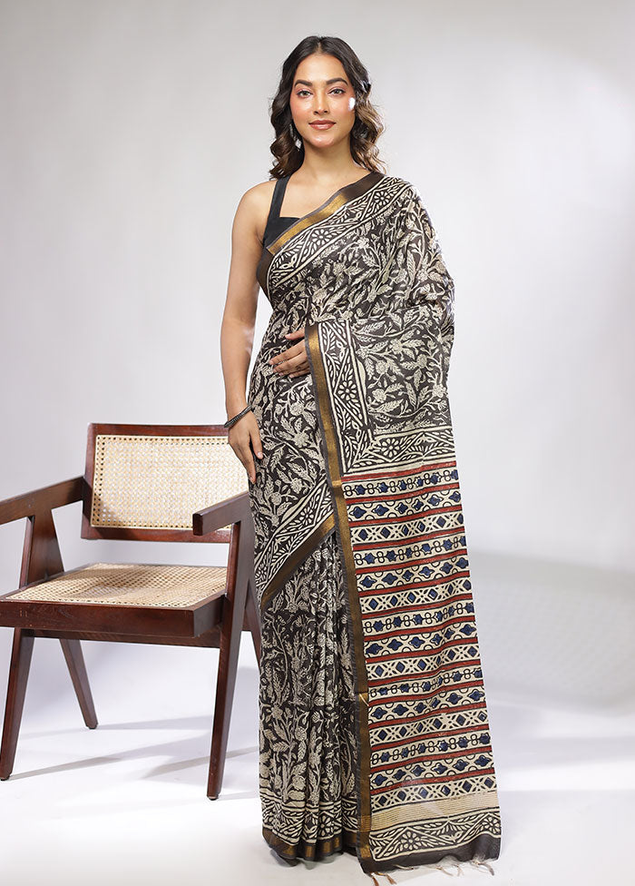 Black Chanderi Cotton Saree With Blouse Piece